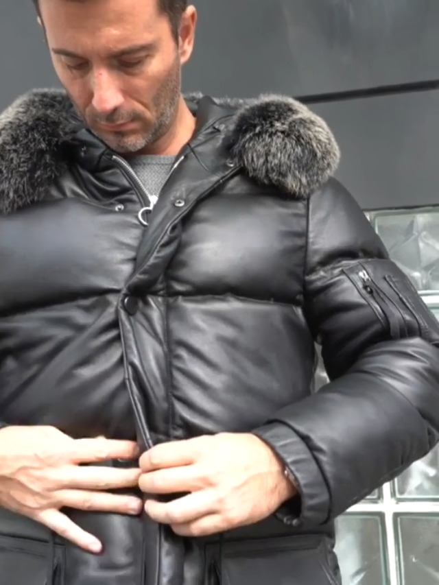 Denny&Dora Mens Cowhide Coat Genuine Leather Black Down Jacket